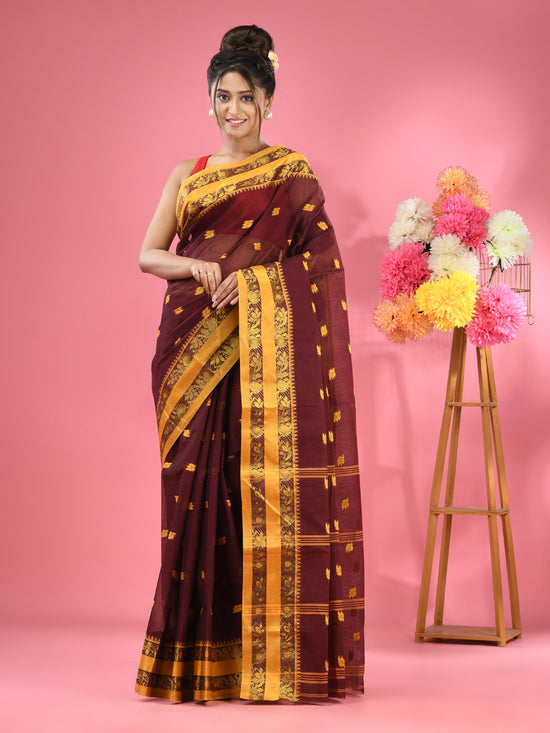 Dark Brown Pure Cotton Tant Saree With Woven Designs-MA51TT43530096