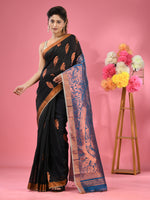 Black Cotton Blend Handwoven Saree With Paisley Motifs-MA51BCT431270011