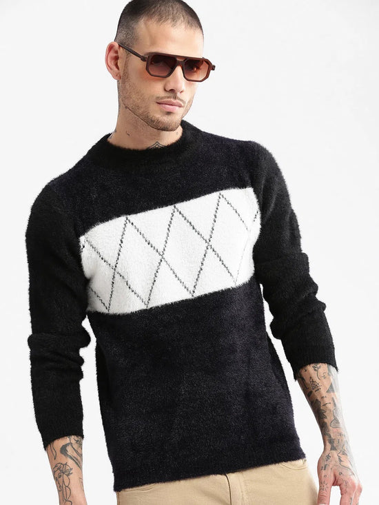 Men Round Neck Self Design Black Pullover-CH009-Black