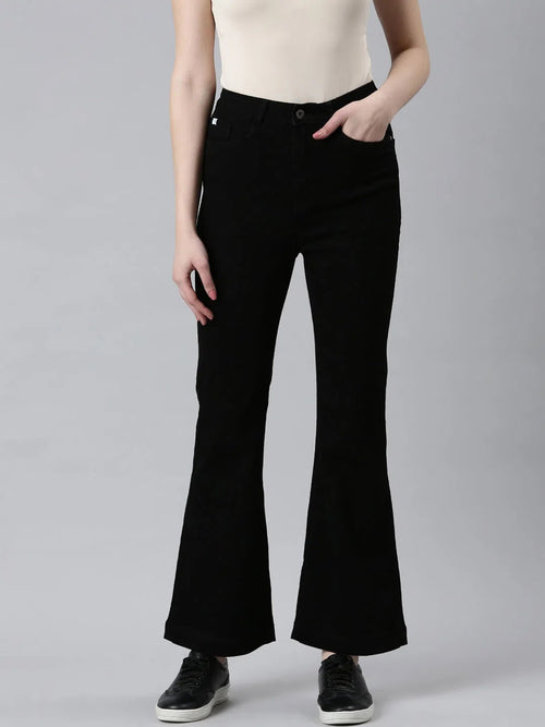 Women Black Solid Wide Leg Denim Jeans-IM-10414-Black