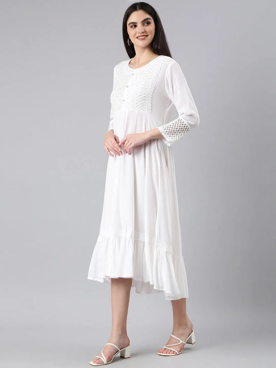 Women White Solid Empire Dress-RF-1490-White