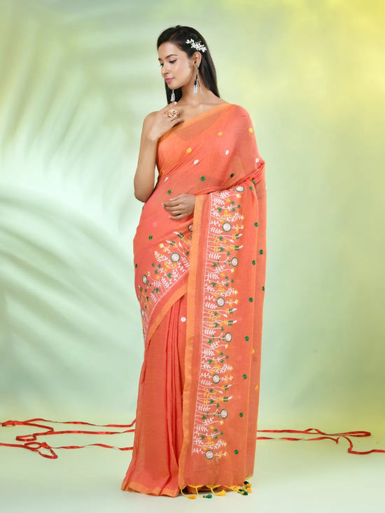 All Over Thread Floral Embroidery Orange Cotton Saree-MA62CT33610080