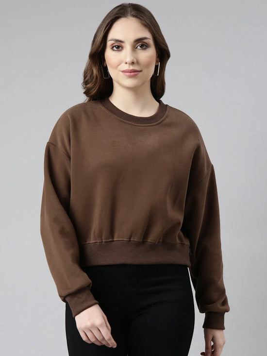 Women Brown Solid Pullover Sweatshirt-CHN-601-Brown