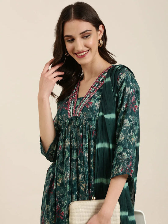 Women Teal Floral Kurta Set-FS-3023-Teal