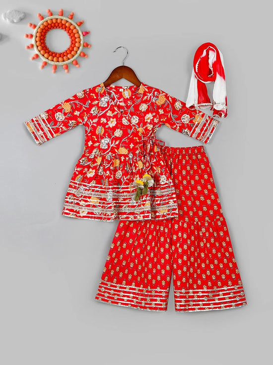 Girls Floral Printed Angrakha Gotta Patti Pure Cotton Kurta & Sharara with Dupatta Set