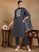 Ahika Women Navy Blue Viscose Rayon Printed Straight Kurta Pant Set