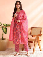 Ahika Women Pink Poly Rayon Floral Printed Straight Kurta Trousers With Dupatta-PKSKD2566PNK