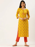 Women's Yellow Printed Straight Kurtas-AT-A426-K-Yellow