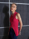 Women Red Rib Front Button Sleeveless Top