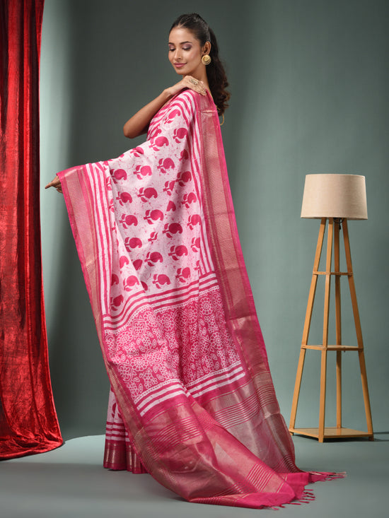 White Blended Silk Handwoven Saree With Zari Border-MA50BSL34830027