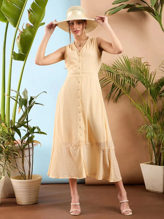 Women Nude Dobby Frill Hem Midi Dress