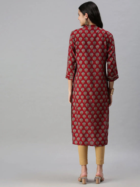 Women's Red Printed Straight Kurta-BCCK755-Maroon