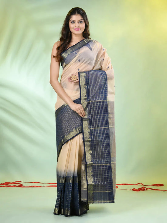 Beige Cotton Handwoven Saree With Zari Borders-MA66CT431820067