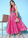 Ahalyaa Women Pink Poly Silk Gold Printed Dress