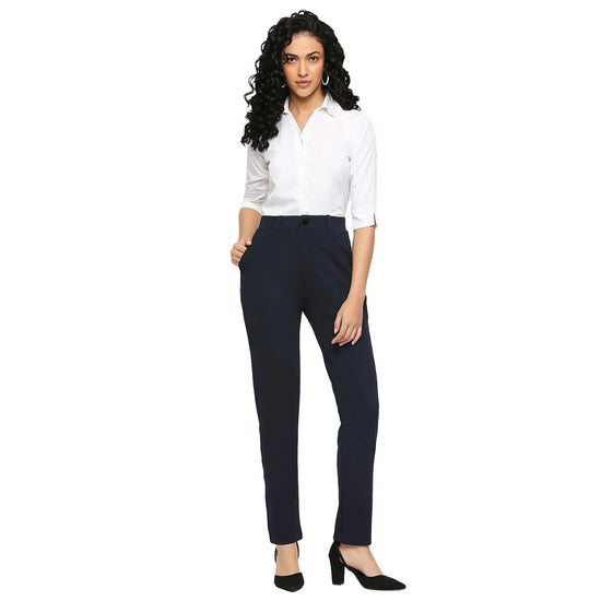 Smarty Pants Women's Cotton Lycra Straight Fit Navy Blue Formal Trouser