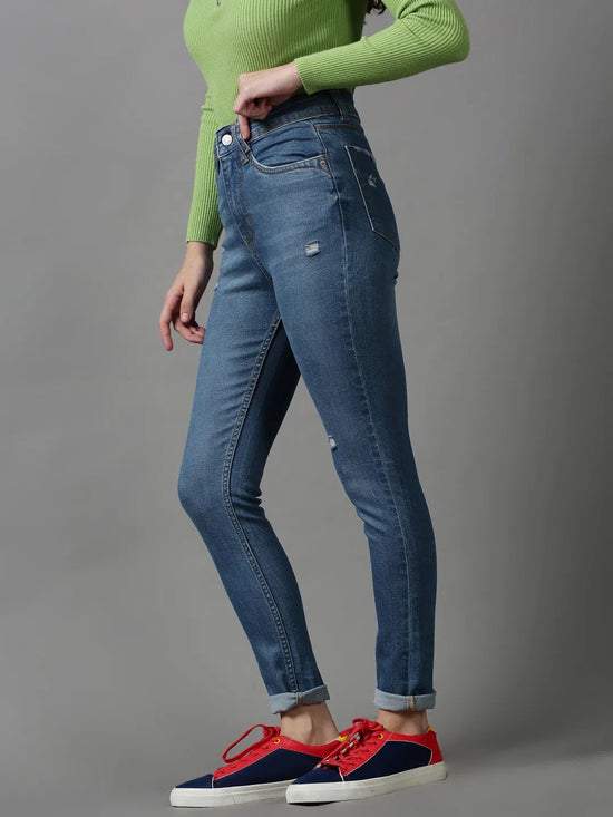 Women's Blue Solid Slim Fit Denim Jeans-GZ-5214-4-Blue