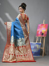 Sky Blue And Red Katan Silk Banarasi Patli Pallu Saree With Small Buttas And Ethnic Designs-MA52KA441380070