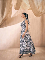 Women Black & White Ikat Print Neck Ruffle Tiered Maxi