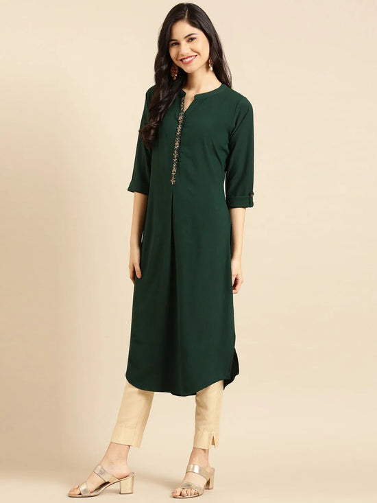 Women's Green Embellished Straight Kurta-SKC-3328-Green