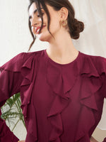 Women Maroon Full Sleeves Ruffle Top