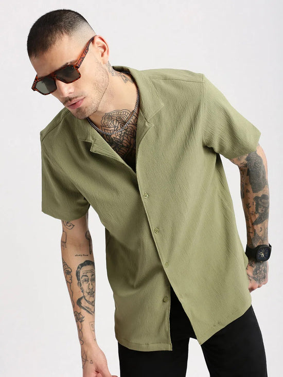 Men Cuban Collar Solid Green Casual Shirt-FELCO-2205-Green