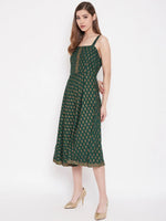 Shoulder strap flared midi dress in Bottle Green