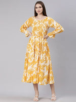 Women Mustard Floral Empire Dress-ON-007-Mustard