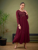 Women Maroon Embroidered Anarkali Maxi Kurta