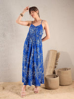 Women Royal Blue Floral Strappy Maxi Dress