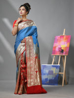 Sky Blue And Red Katan Silk Banarasi Patli Pallu Saree With Small Buttas And Ethnic Designs-MA52KA441380070