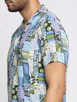 Men Blue Cuban Collar Printed Over Sized Co-ords Set-ABOMASUM-1816-Blue