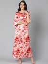 Flossy pink floral print women long nightwear dress