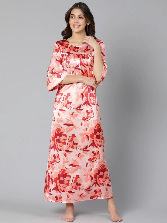 Flossy pink floral print women long nightwear dress