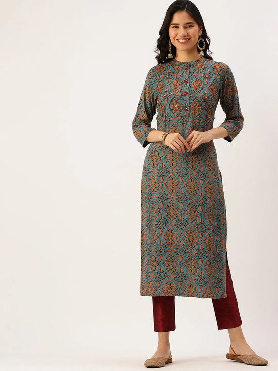 Women's Blue Embroidered Straight Kurtas-GW-2480-Blue