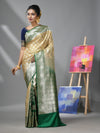 Ecru And Green Katan Silk Banarasi Patli Pallu Saree With Ethnic Motifs And Zari Woven Designs-MA52KA441380064