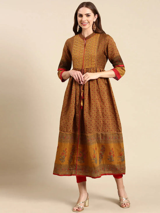 Women's Camel Brown Floral Anarkali Kurta-RF-004-Camelbrown