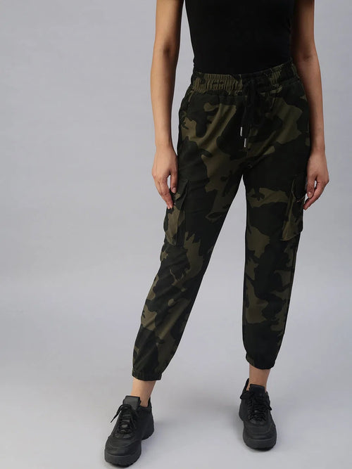 Women's Green Printed Joggers Track Pant-AF-1636-Greenolive