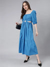 Women Blue Solid Fit and Flare Dress-ON-747-Blue