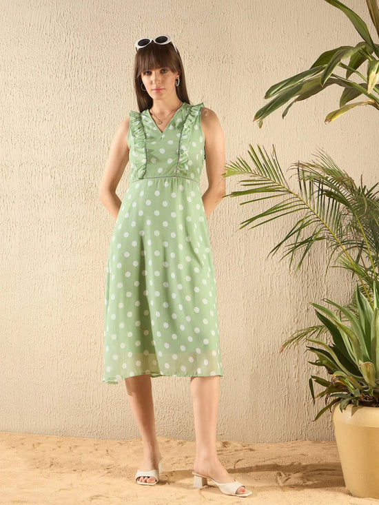 Women Olive Polka Dot Midi Dress