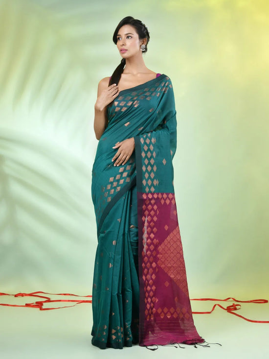 Teal Cotton Saree With Geomatric Patterns-MA66BCT43830034