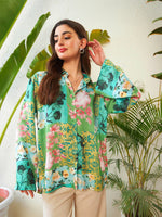 Women Green Placement Floral Oversize Shirt