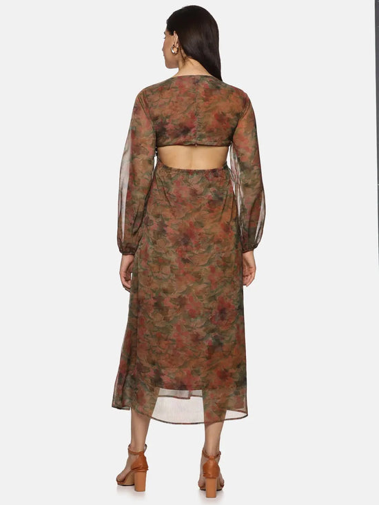 Floral Brown Cut Out Midaxi Dress-17333