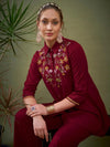 Women Maroon Front Embroidered Shirt With Palazzos