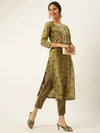 Women's Green Printed Kurta Sets-AT-A348-KP-Olive