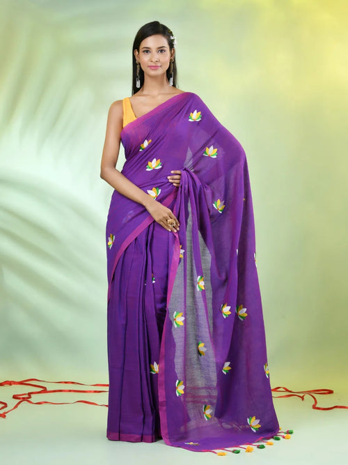 All Over Thread Embroidery Violet Cotton Handspun Saree-MA62CH33660054