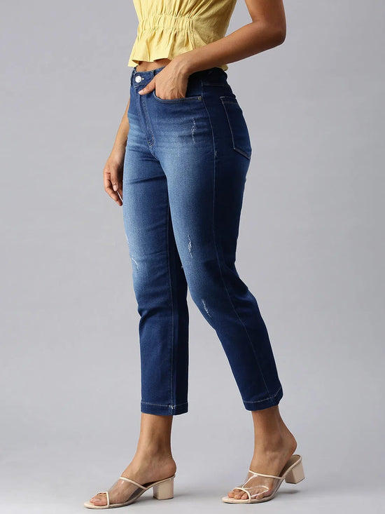 Women's Blue Solid Straight Fit Denim Jeans-IM-9765C-Blue