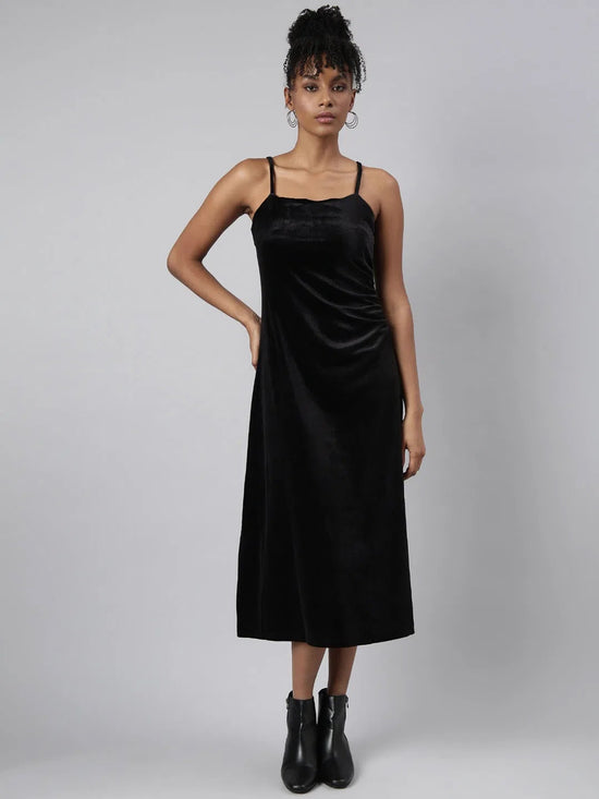 Women Black Solid A-Line Dress-CHN-807-Black