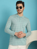 Venitian Men Striped Polo Neck Full Sleeves Sea Green T-Shirt Wih Pocket