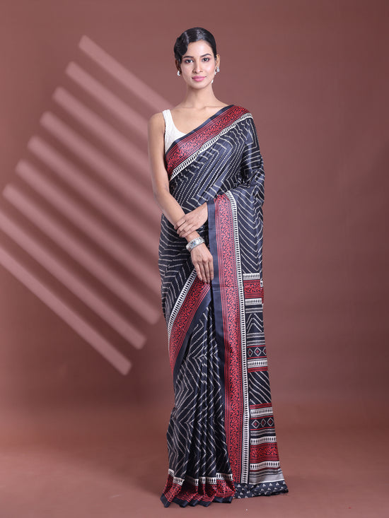 Black Bandhani Print Silk Soft Saree-MA60BSL01400030