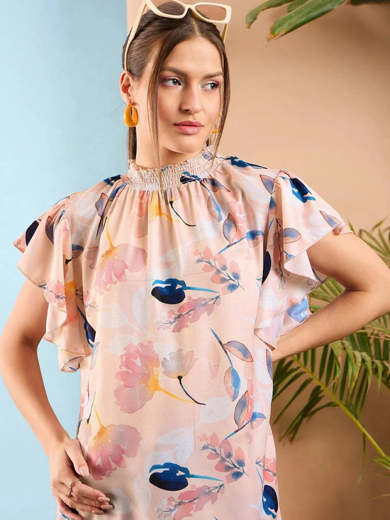 Women Peach Floral Smocked Neck Regular Top